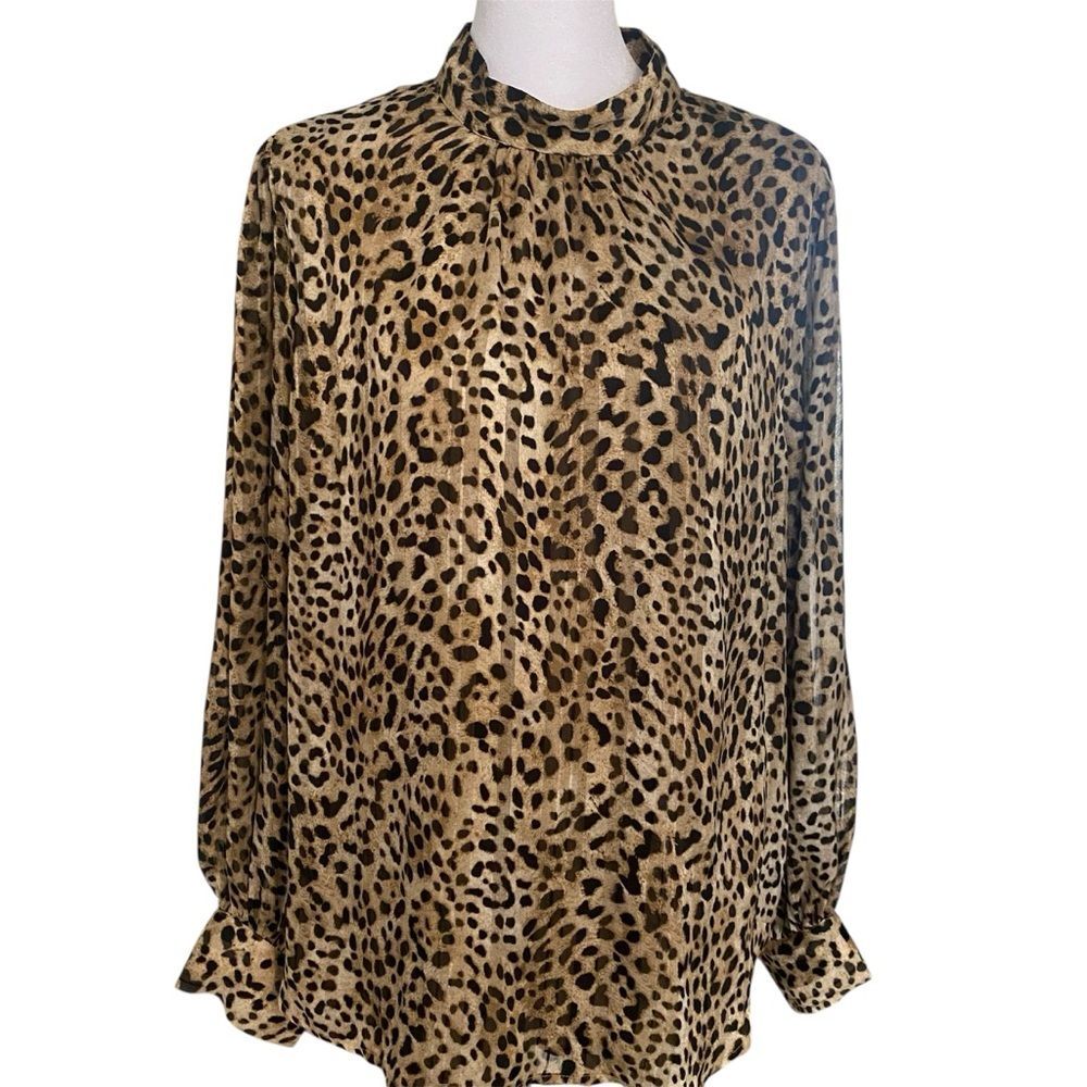 Vince Camuto Blouse Women's Size L Leopard Print Long Sleeve Sheer